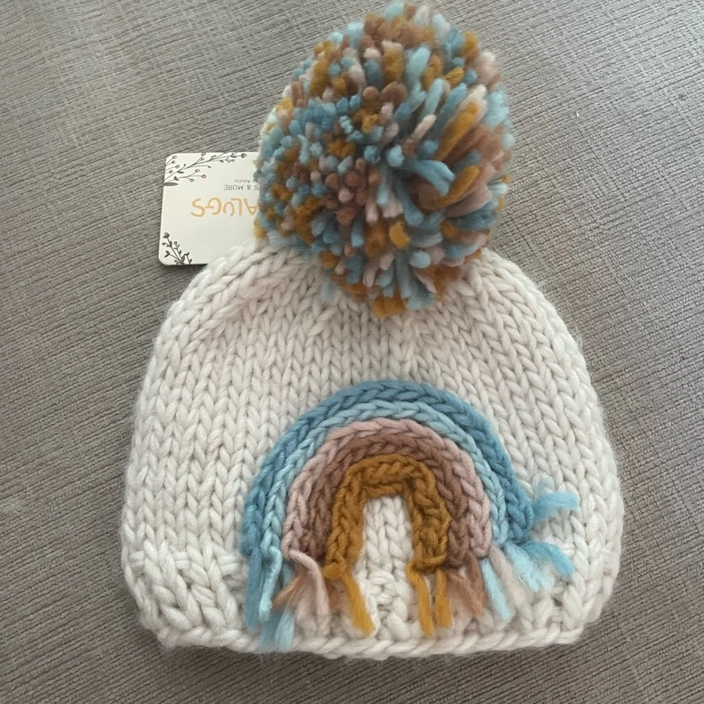 Huggalugs Teal Rainbow Knit Pom Hat - Size 0-6 Months - NWT
